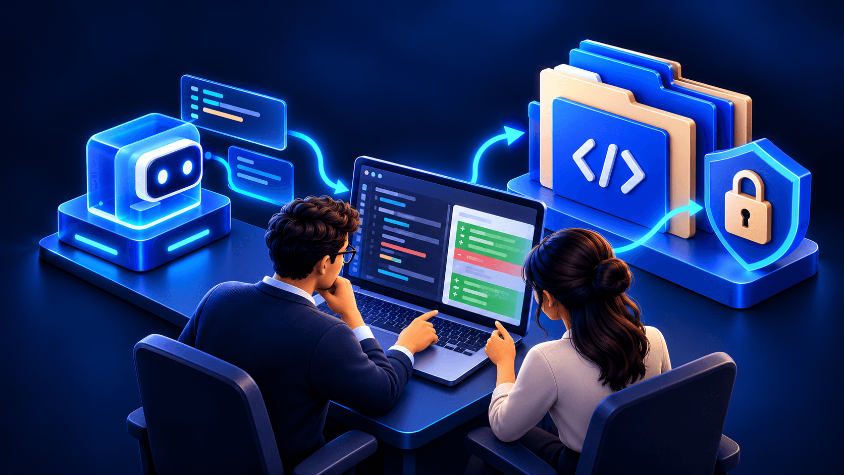 Two professionals review an AI-assisted code change alongside repository access controls.
